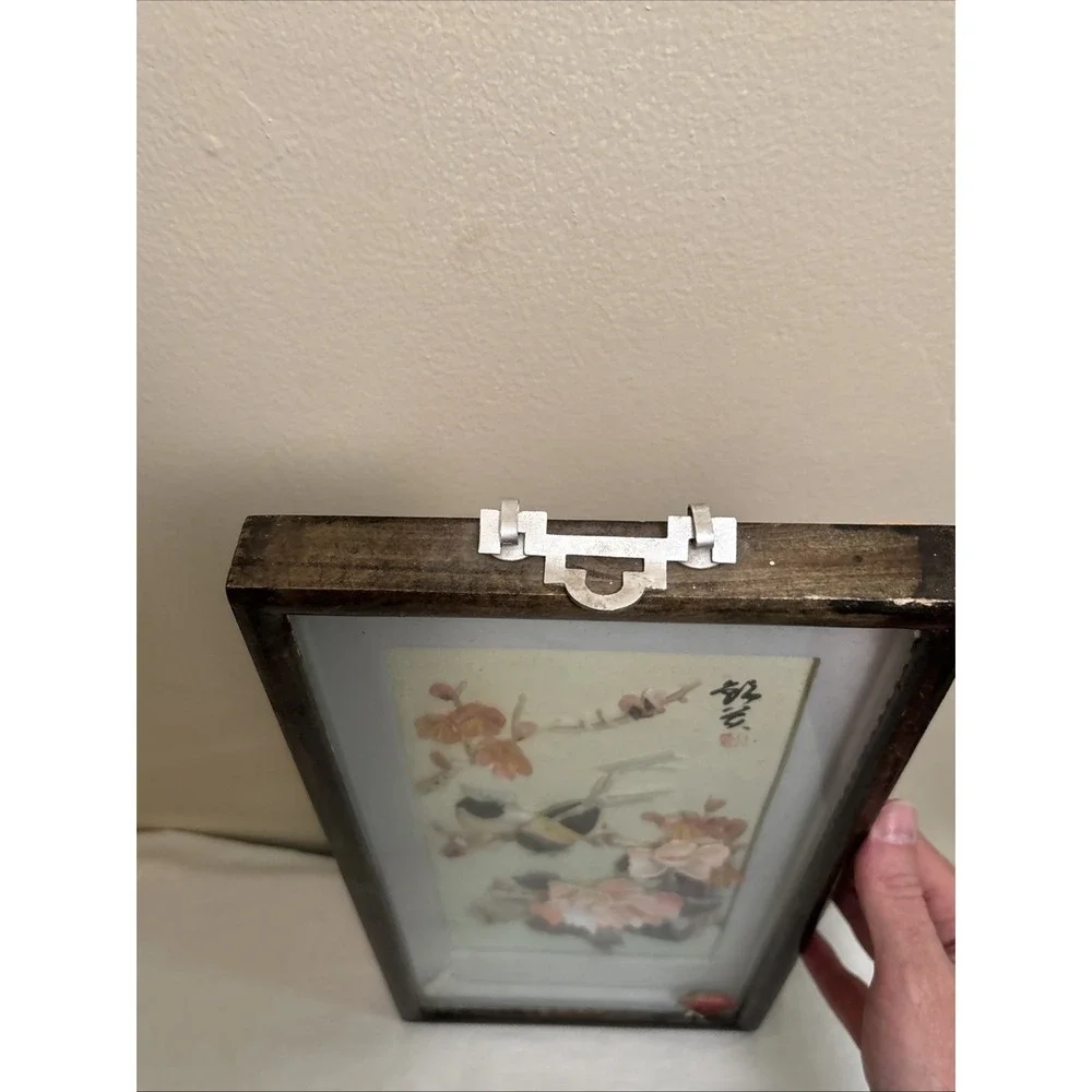 Vintage Chinese Shell Art Birds Flowers Diorama Shadow Box Pearl Brand